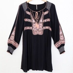 Free People Wind Willow Embroidered Boho V Neck Tassel Mini Dress Black L $128